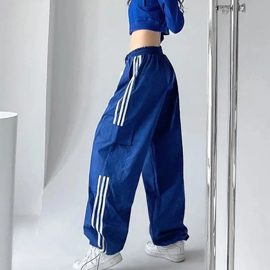 TAMBREET MEXZT Striped Sweatpants Women Hip Hop Streetwear Baggy Wide Leg Cargo Pants Bf Y2K High Waist Drawstring Joggers Trousers