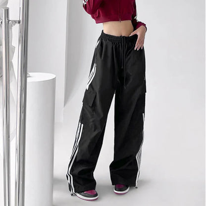 TAMBREET MEXZT Striped Sweatpants Women Hip Hop Streetwear Baggy Wide Leg Cargo Pants Bf Y2K High Waist Drawstring Joggers Trousers