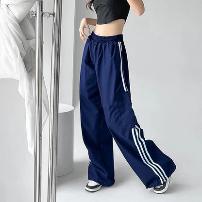 TAMBREET MEXZT Striped Sweatpants Women Hip Hop Streetwear Baggy Wide Leg Cargo Pants Bf Y2K High Waist Drawstring Joggers Trousers