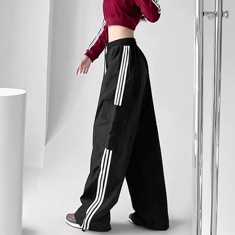 TAMBREET MEXZT Striped Sweatpants Women Hip Hop Streetwear Baggy Wide Leg Cargo Pants Bf Y2K High Waist Drawstring Joggers Trousers