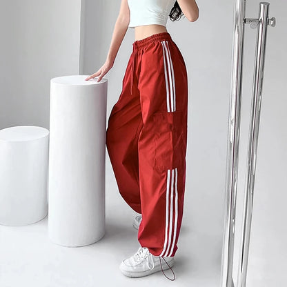 TAMBREET MEXZT Striped Sweatpants Women Hip Hop Streetwear Baggy Wide Leg Cargo Pants Bf Y2K High Waist Drawstring Joggers Trousers