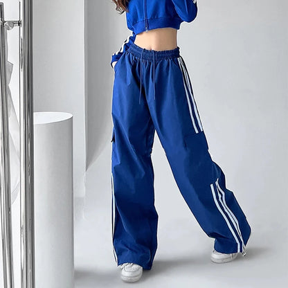 TAMBREET MEXZT Striped Sweatpants Women Hip Hop Streetwear Baggy Wide Leg Cargo Pants Bf Y2K High Waist Drawstring Joggers Trousers