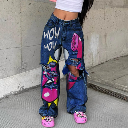 TAMBREET MID Waist Print Stretchy Jeans Stretchy Daily Fashion Women's Pants Streetwear Baggy Jeans Boyfriend Jeans Y2k HOLE Pants 3XL