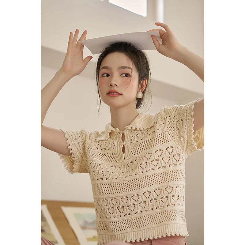 TAMBREET MISHOW Hollow Out Polo Neck Top for Women Summer 2024 French Sweet Knitted Solid Loose Female Retro Tees Office Lady MXC33Z0069