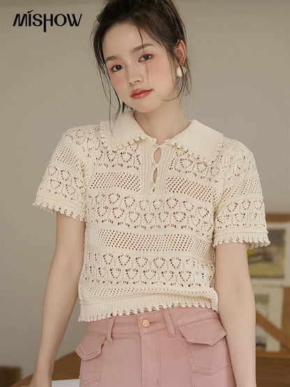 TAMBREET MISHOW Hollow Out Polo Neck Top for Women Summer 2024 French Sweet Knitted Solid Loose Female Retro Tees Office Lady MXC33Z0069