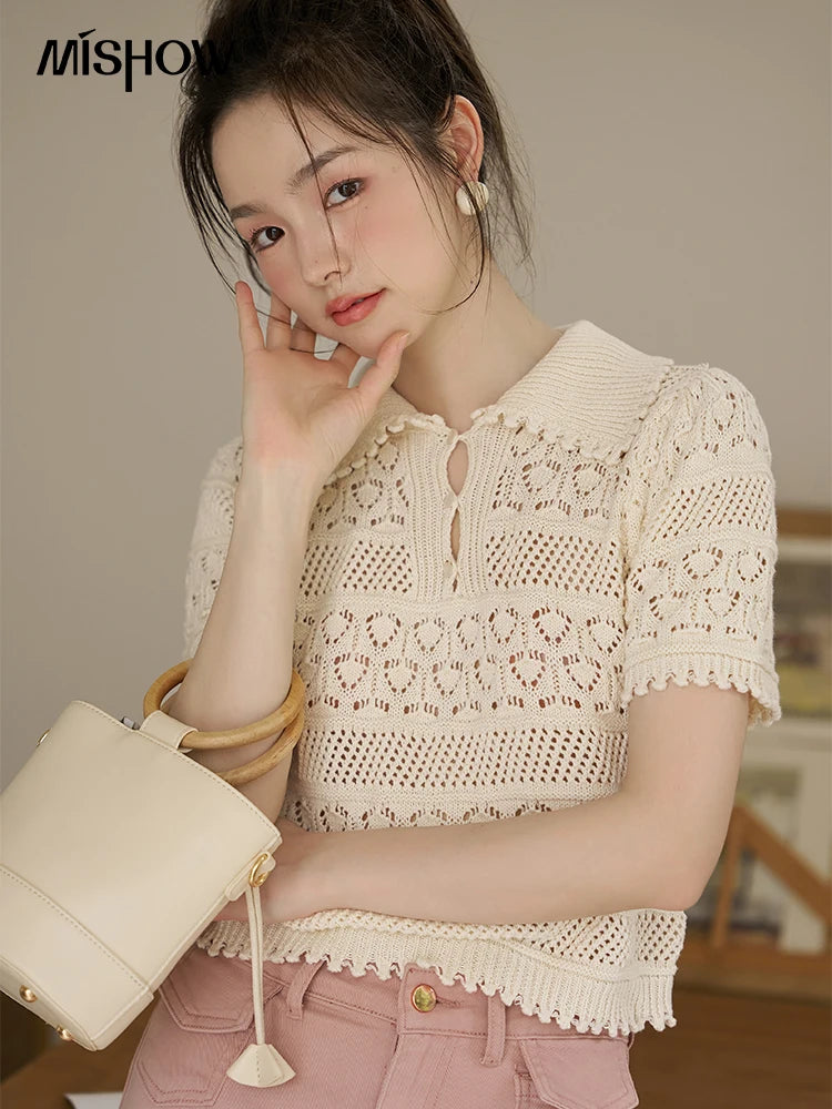 TAMBREET MISHOW Hollow Out Polo Neck Top for Women Summer 2024 French Sweet Knitted Solid Loose Female Retro Tees Office Lady MXC33Z0069