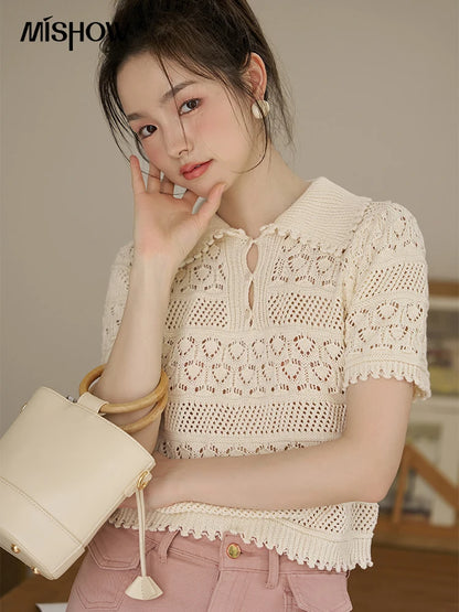 TAMBREET MISHOW Hollow Out Polo Neck Top for Women Summer 2024 French Sweet Knitted Solid Loose Female Retro Tees Office Lady MXC33Z0069