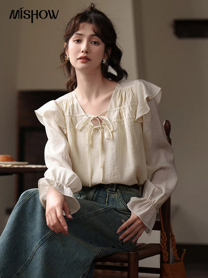 TAMBREET MISHOW Women's French Tops 2024 Autumn Spring Solid Commuter Petal Sleeve Square Collar Neckline Strap Female Blouses MXC15X0017