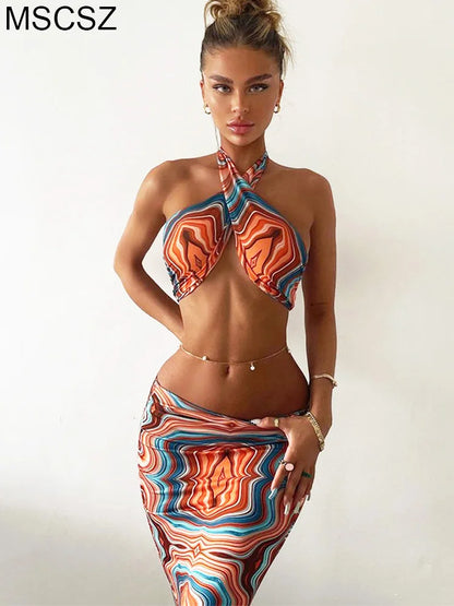 TAMBREET Marble Print Summer Beach Outfits For Women Halter Crop Top And Skirt Two Piece Set Sexy Vacation Outfits Bodycon Midi Skirt Set