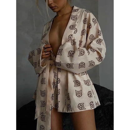 TAMBREET Marthaqiqi Casual Print Women'S Pajamas 2024 Sexy Loose Pajamas For Women Lace-Up Long Sleeve Robes Shorts Set Female Sleepwear