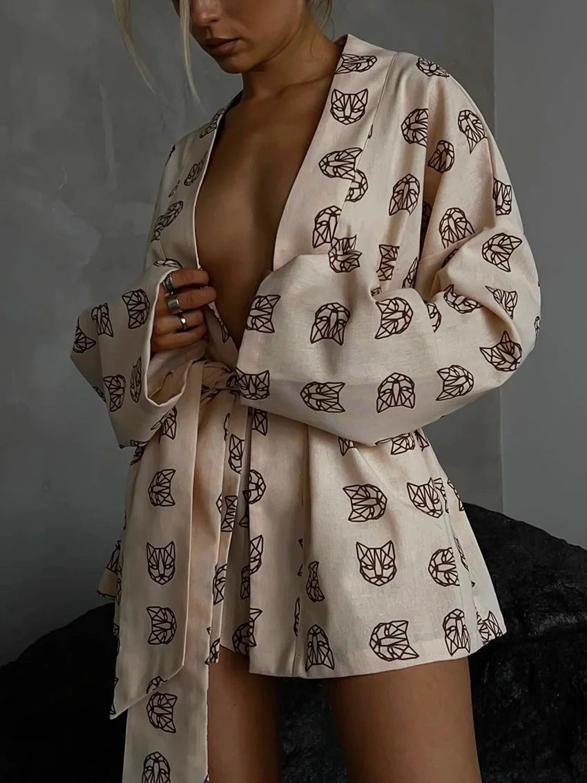 TAMBREET Marthaqiqi Casual Print Women'S Pajamas 2024 Sexy Loose Pajamas For Women Lace-Up Long Sleeve Robes Shorts Set Female Sleepwear