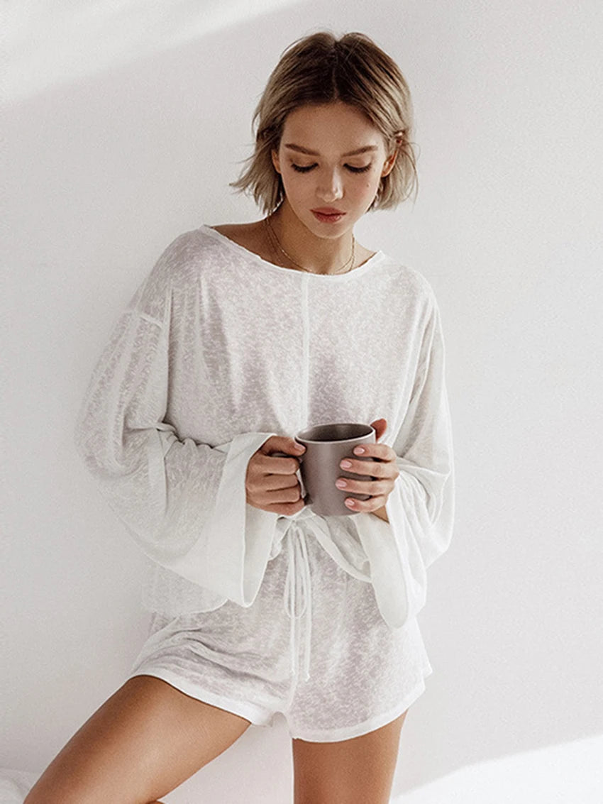 TAMBREET Marthaqiqi Casual White Women'S Nightgowns Set O-Neck Sleepwear Long Sleeve Nightwear Shorts Loose Ladies Pajamas 2 Piece Suits