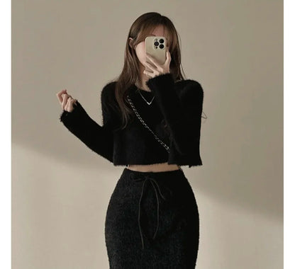 TAMBREET Matakawa Knitted 2 Pieces Sets Women Outfits Autumn Winter Solid Skirts Set Korean Fashion Mink Cashmere Conjuntos De Falda