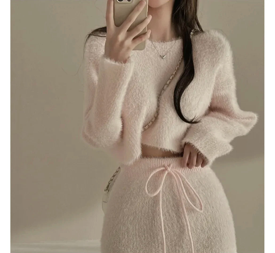 TAMBREET Matakawa Knitted 2 Pieces Sets Women Outfits Autumn Winter Solid Skirts Set Korean Fashion Mink Cashmere Conjuntos De Falda