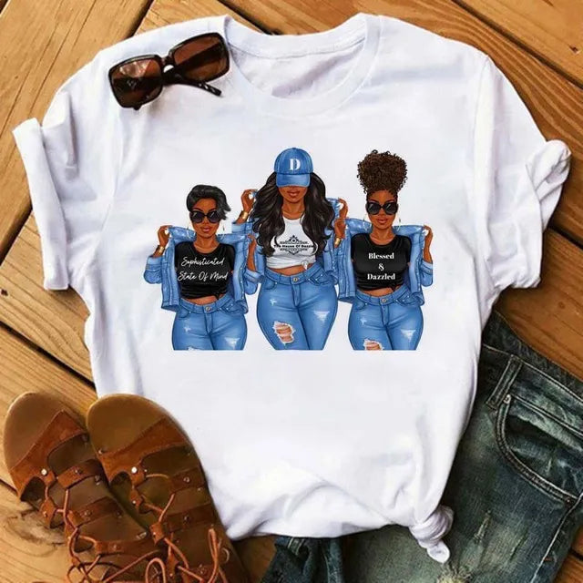 TAMBREET Maycaur Fashion Women Black Girl Print Magic T Shirt Summer Short Sleeve Ladies T-shirts 90s Ulzzang Shirt Casual Round Neck Tee