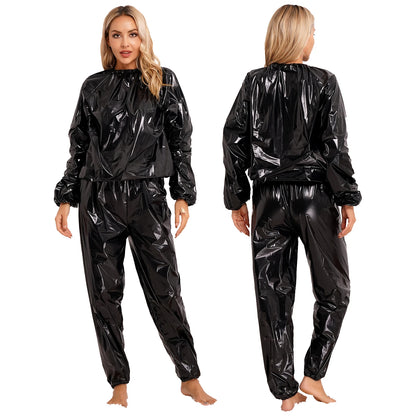 TAMBREET Men Women PVC Sauna Suit Long Sleeve Elastic Cuff Top Pants Set Weight Loss Sweat Suit Slimming Fitness Gym Jogging Workout Suit