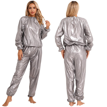 TAMBREET Men Women PVC Sauna Suit Long Sleeve Elastic Cuff Top Pants Set Weight Loss Sweat Suit Slimming Fitness Gym Jogging Workout Suit