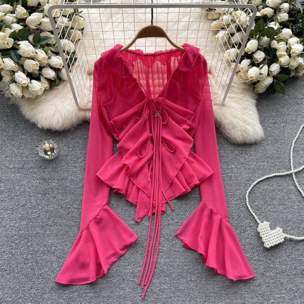 TAMBREET Mesh Sheer Tie Up Crop Tops Women Long Flare Sleeve V Neck Ruffle Tops and Blouse Summer See Through Sexy Casual Shirts Female