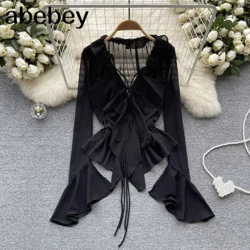 TAMBREET Mesh Sheer Tie Up Crop Tops Women Long Flare Sleeve V Neck Ruffle Tops and Blouse Summer See Through Sexy Casual Shirts Female