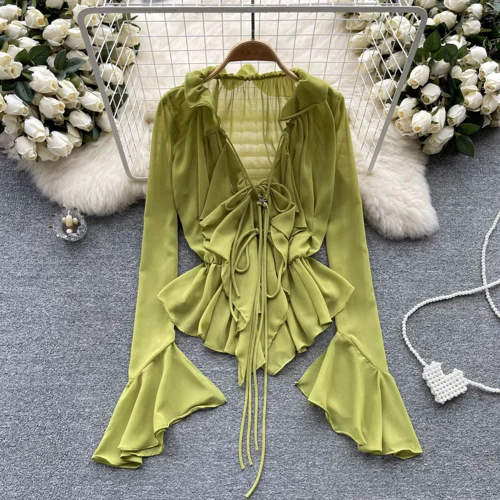 TAMBREET Mesh Sheer Tie Up Crop Tops Women Long Flare Sleeve V Neck Ruffle Tops and Blouse Summer See Through Sexy Casual Shirts Female