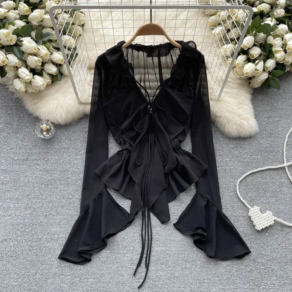 TAMBREET Mesh Sheer Tie Up Crop Tops Women Long Flare Sleeve V Neck Ruffle Tops and Blouse Summer See Through Sexy Casual Shirts Female