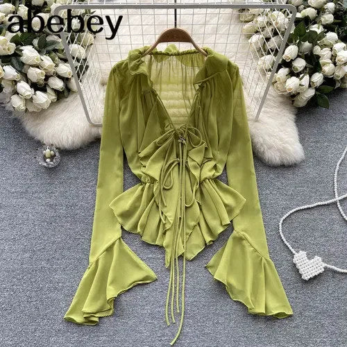 TAMBREET Mesh Sheer Tie Up Crop Tops Women Long Flare Sleeve V Neck Ruffle Tops and Blouse Summer See Through Sexy Casual Shirts Female