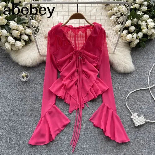 TAMBREET Mesh Sheer Tie Up Crop Tops Women Long Flare Sleeve V Neck Ruffle Tops and Blouse Summer See Through Sexy Casual Shirts Female