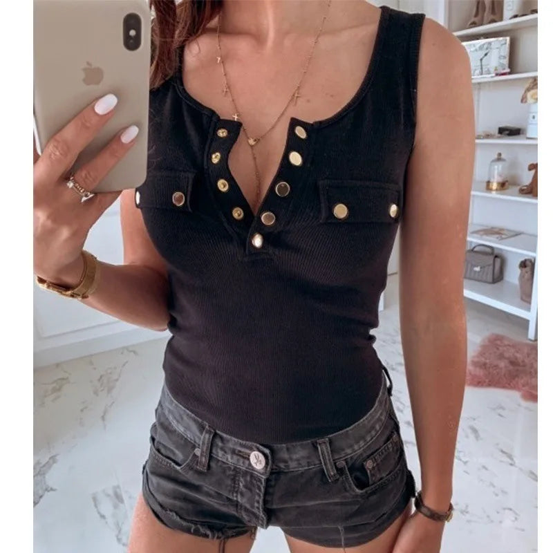 TAMBREET Metal Button Slim Tank Top Women Sexy Round Neck Sleeveless T-Shirt Summer Every Day Solid Top