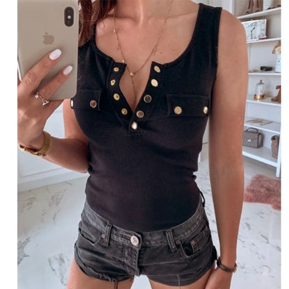 TAMBREET Metal Button Slim Tank Top Women Sexy Round Neck Sleeveless T-Shirt Summer Every Day Solid Top