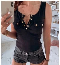 TAMBREET Metal Button Slim Tank Top Women Sexy Round Neck Sleeveless T-Shirt Summer Every Day Solid Top