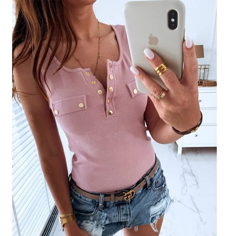 TAMBREET Metal Button Slim Tank Top Women Sexy Round Neck Sleeveless T-Shirt Summer Every Day Solid Top