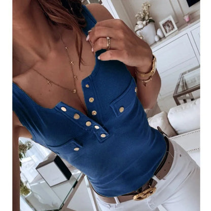 TAMBREET Metal Button Slim Tank Top Women Sexy Round Neck Sleeveless T-Shirt Summer Every Day Solid Top