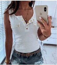 TAMBREET Metal Button Slim Tank Top Women Sexy Round Neck Sleeveless T-Shirt Summer Every Day Solid Top