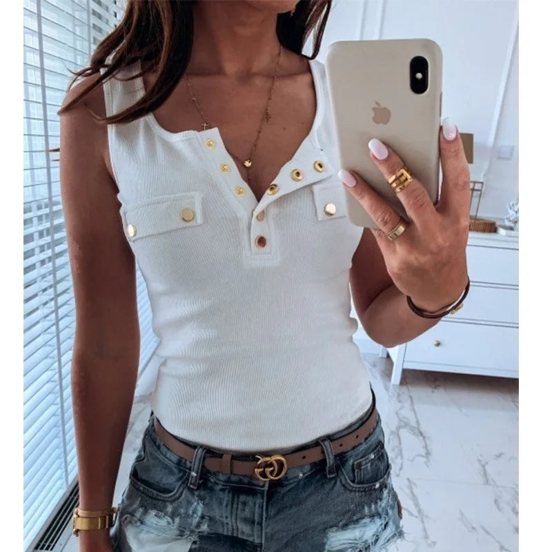 TAMBREET Metal Button Slim Tank Top Women Sexy Round Neck Sleeveless T-Shirt Summer Every Day Solid Top