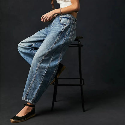 TAMBREET Midiross High Stretch Mid-Rise Barrel Jeans Fashion wide Leg Shape Women Casual Baggy Mid Waist Denim Jeans