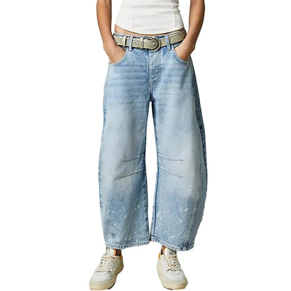 TAMBREET Midiross High Stretch Mid-Rise Barrel Jeans Fashion wide Leg Shape Women Casual Baggy Mid Waist Denim Jeans