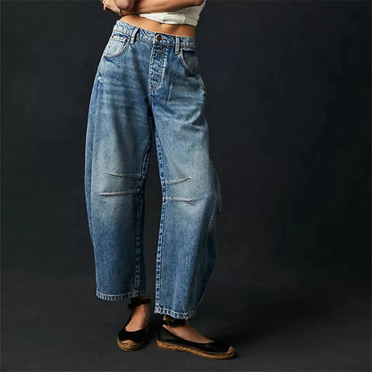 TAMBREET Midiross High Stretch Mid-Rise Barrel Jeans Fashion wide Leg Shape Women Casual Baggy Mid Waist Denim Jeans