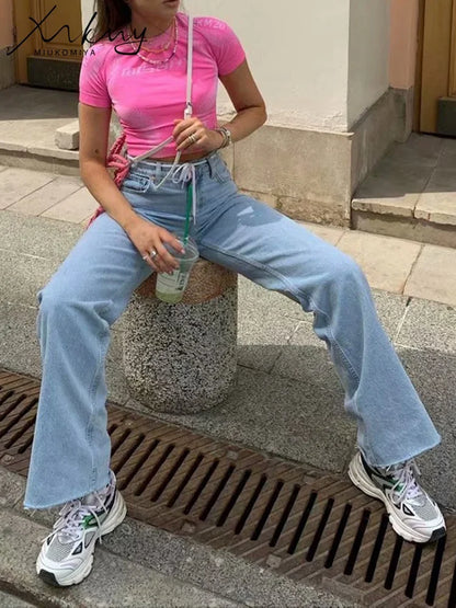 TAMBREET MiuKoMiYa Straight Jeans Women High Waist Streetwear Light Blue Boyfriend Denim Pants Ladies Wide Leg White Jeans For Women 2024