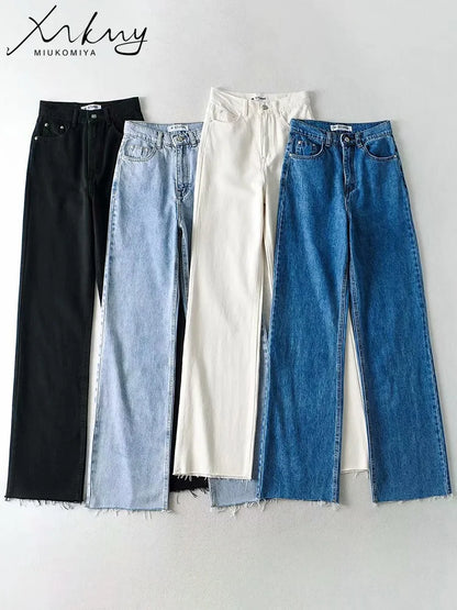 TAMBREET MiuKoMiYa Straight Jeans Women High Waist Streetwear Light Blue Boyfriend Denim Pants Ladies Wide Leg White Jeans For Women 2024