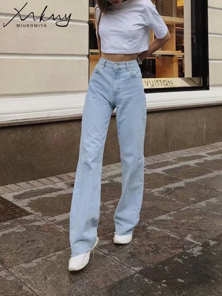 TAMBREET MiuKoMiYa Straight Jeans Women High Waist Streetwear Light Blue Boyfriend Denim Pants Ladies Wide Leg White Jeans For Women 2024