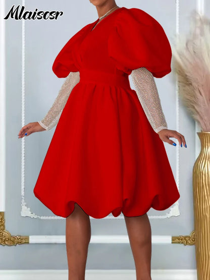 TAMBREET Mlaiscsr Elegant Luxury V Neck Puff Sleeve A Line Red Mid Dress Women Christmas Party Celebrate Gowns Birthday Evening Dresses