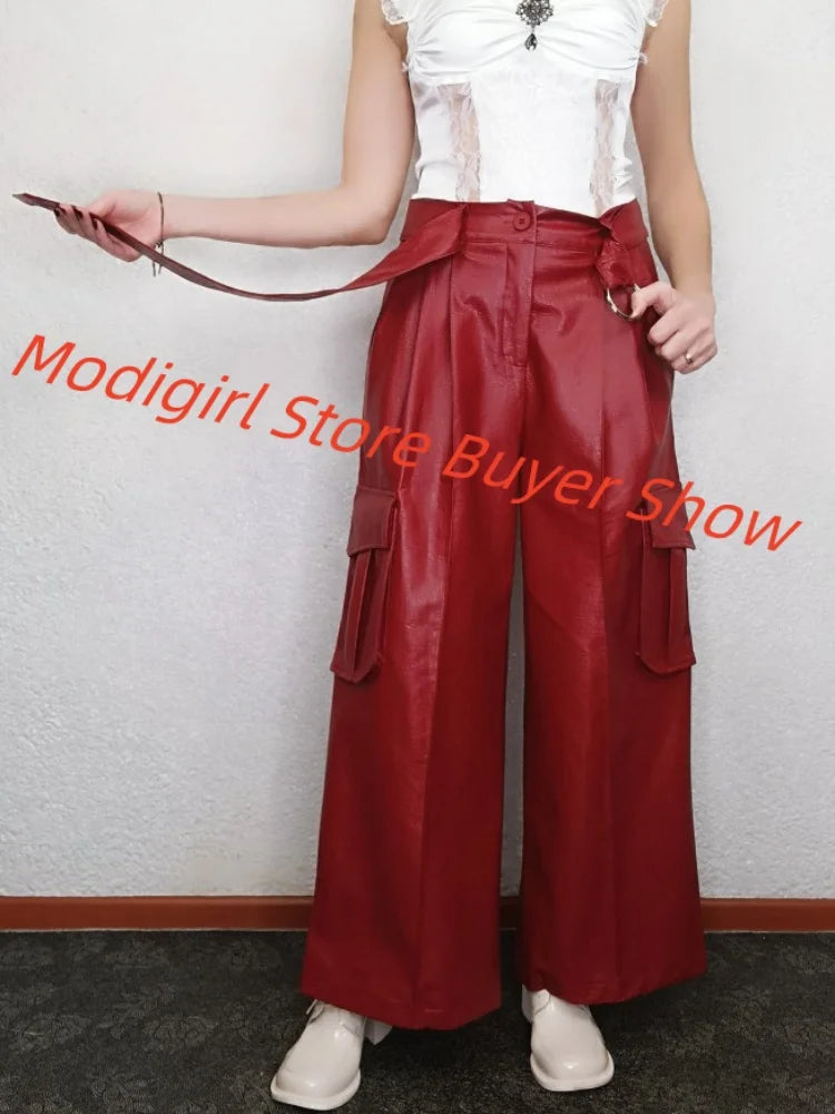 TAMBREET Modigirl Winter Women Faux PU Leather Pants Red Black High Waist Streetwear Clothes Womon 2024 Original Wide Leg Trousers