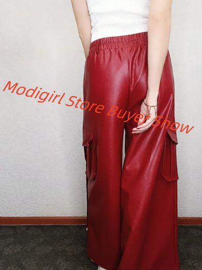 TAMBREET Modigirl Winter Women Faux PU Leather Pants Red Black High Waist Streetwear Clothes Womon 2024 Original Wide Leg Trousers