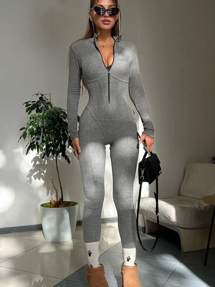 TAMBREET Mozision Long Sleeve V Neck Sexy Jumpsuit For Women Rompers Fashion Zipper Striped Leisure Sports Fitness Skinny Jumpsuits