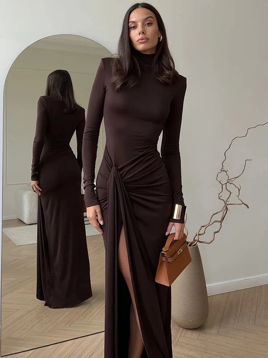 TAMBREET Mozision Turtleneck Thigh High Split Sexy Maxi Dress For Women Fashion Long Sleeve Draped Bandage Bodycon Club Long Dress