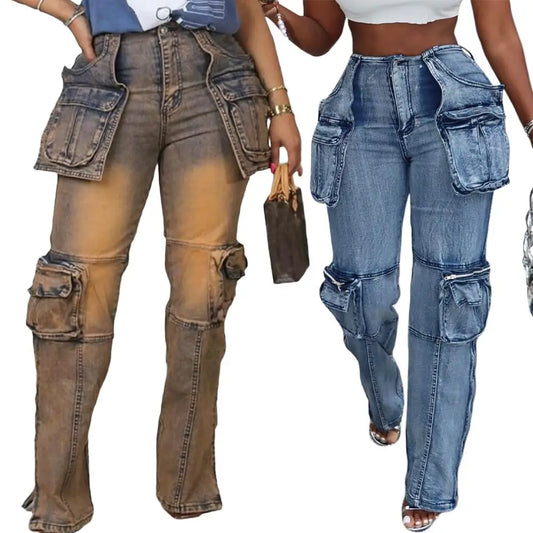 TAMBREET Multi Pockets Jeans Cargo Pants Sexy Women High Waist Elegant High Street Denim Casual Straight Trousers