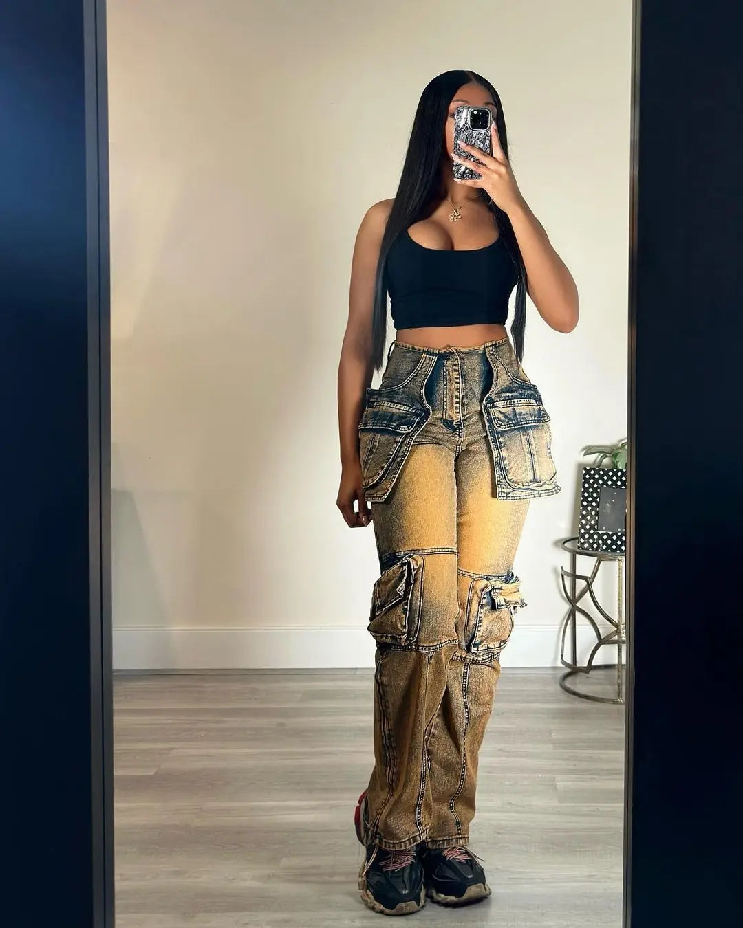 TAMBREET Multi Pockets Jeans Cargo Pants Sexy Women High Waist Elegant High Street Denim Casual Straight Trousers