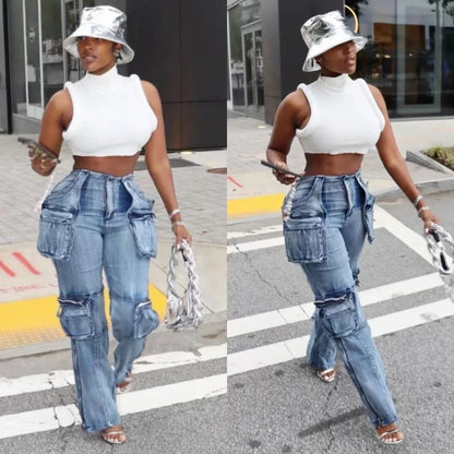 TAMBREET Multi Pockets Jeans Cargo Pants Sexy Women High Waist Elegant High Street Denim Casual Straight Trousers