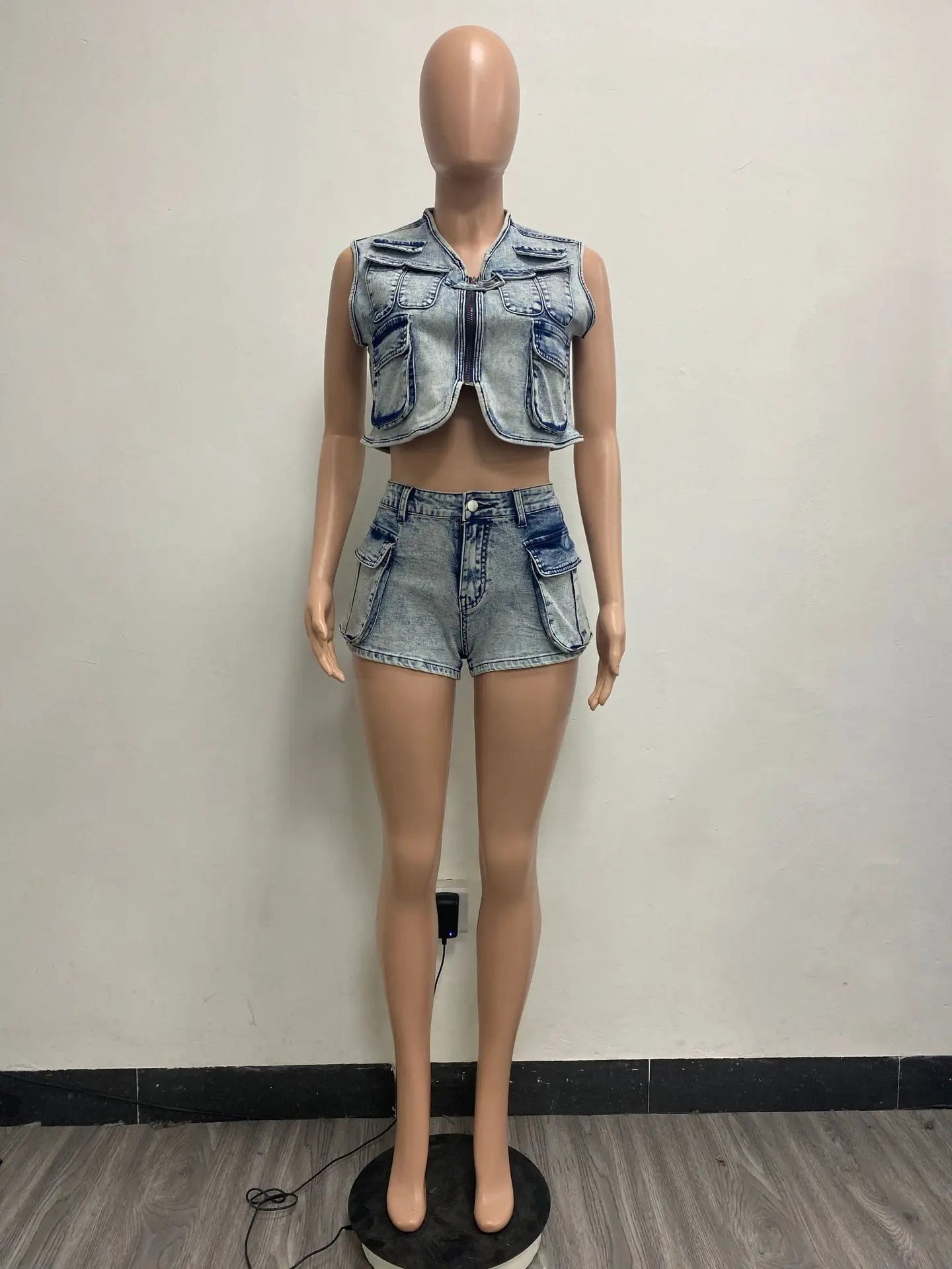 TAMBREET Multi Pockets Jeans Outfit Set Sexy Women Elegant Two Pieces Denim Club Macthing Jacket+Shorts