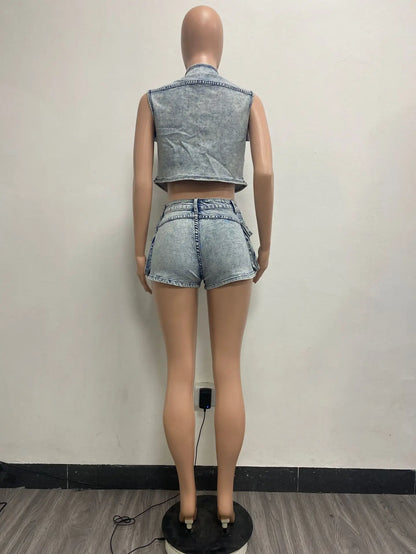 TAMBREET Multi Pockets Jeans Outfit Set Sexy Women Elegant Two Pieces Denim Club Macthing Jacket+Shorts